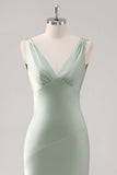Sage Green Sheath V Neck Backless Satin Bridesmaid Dress