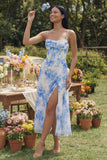 Floral Blue Corset Ruched A Line Midi Wedding Guest Dress with Slit
