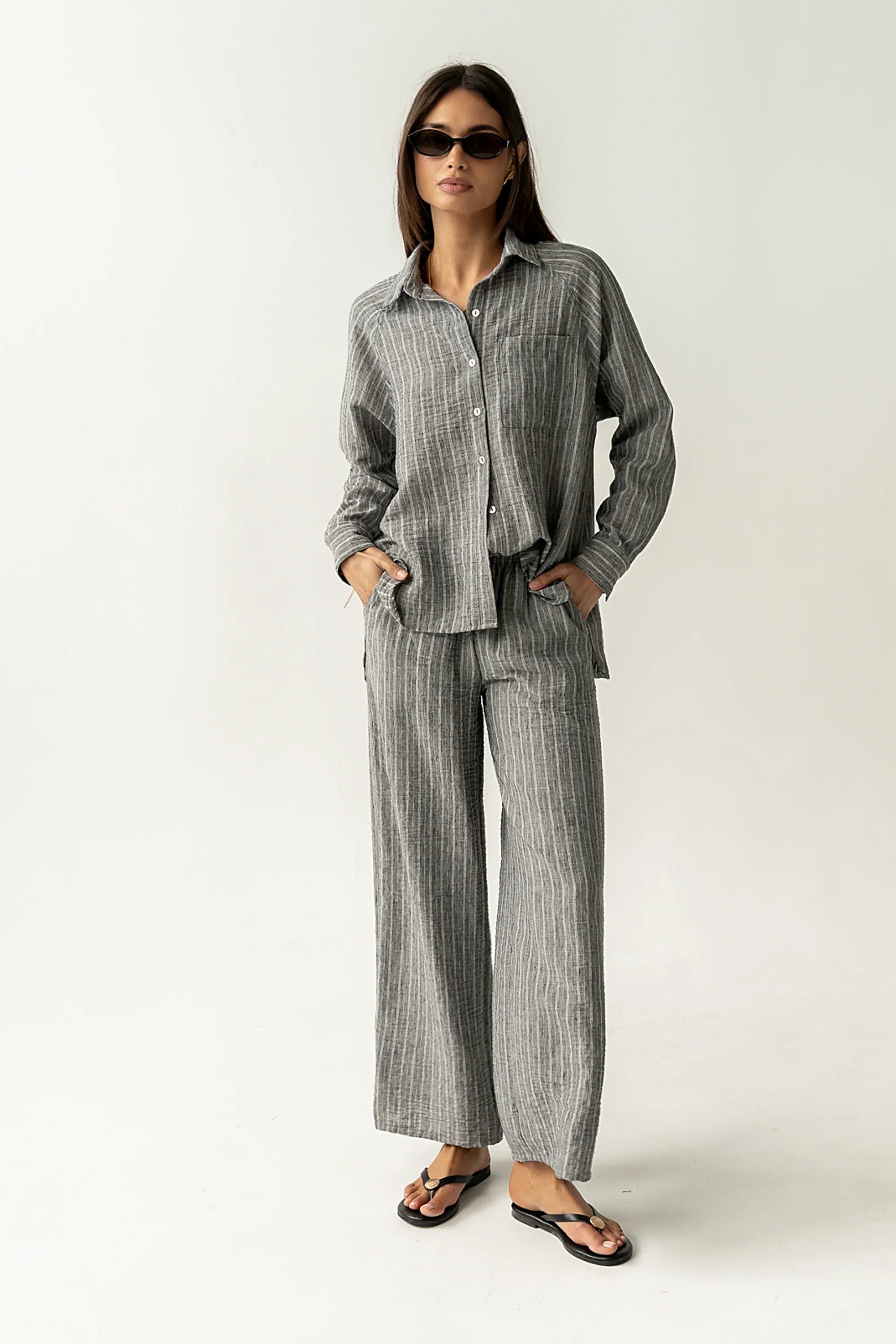 Conner Striped Button Down Top in Black