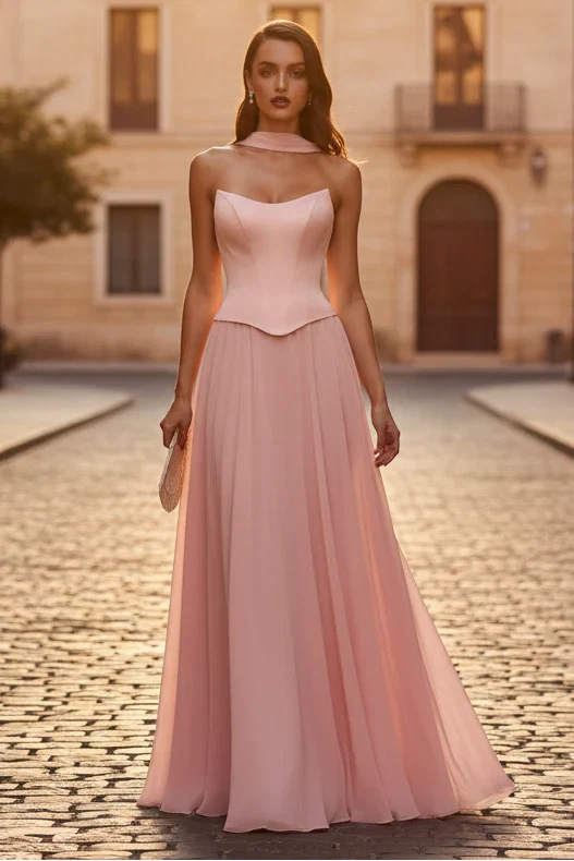 ISABELLA GOWN STRAPLESS CHIFFON DRESS WITH SCARF