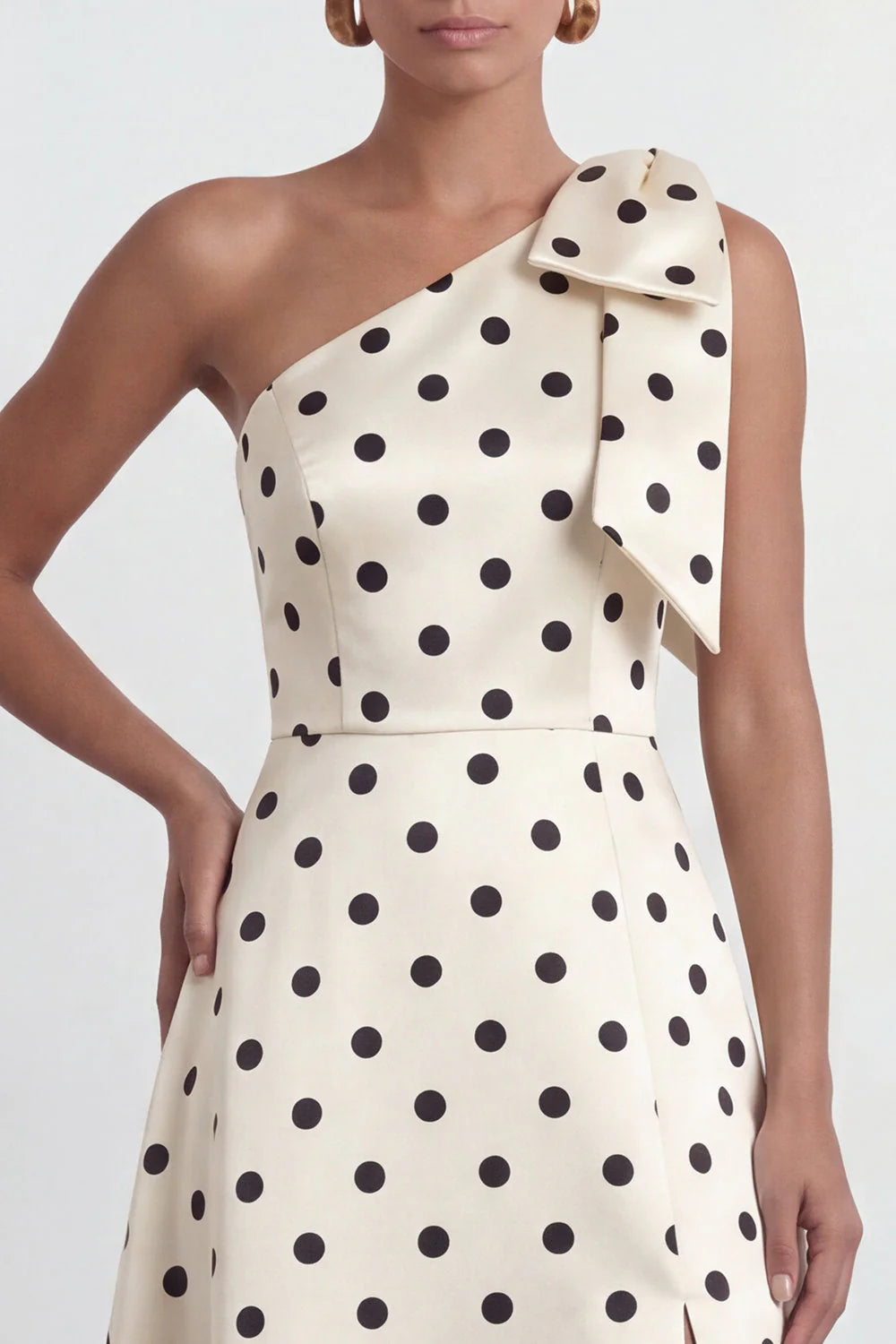 Green White Polka Dot One Shoulder A Line Formal Dress with Slit
