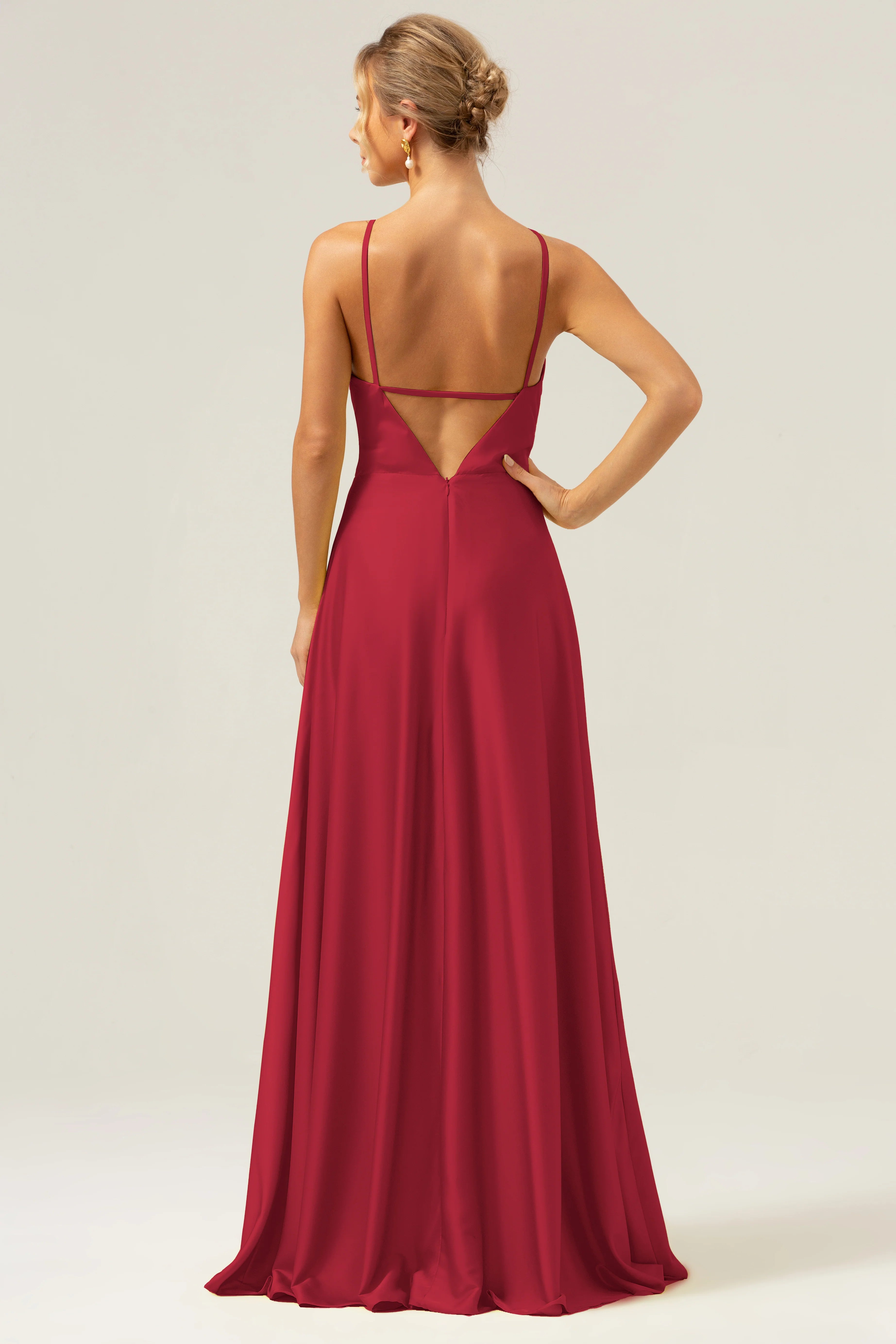 A Line Halter Ruched Satin Open Back Long Bridesmaid Dress with Flower