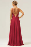 A Line Halter Ruched Satin Open Back Long Bridesmaid Dress with Flower