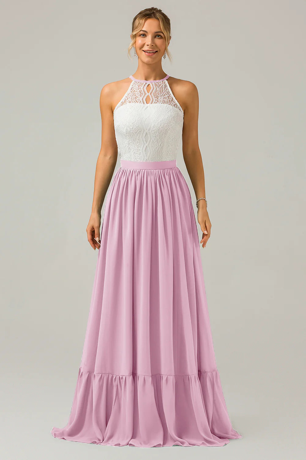 A Line Halter Pleated Keyhole Chiffon Bridesmaid Dress With Lace