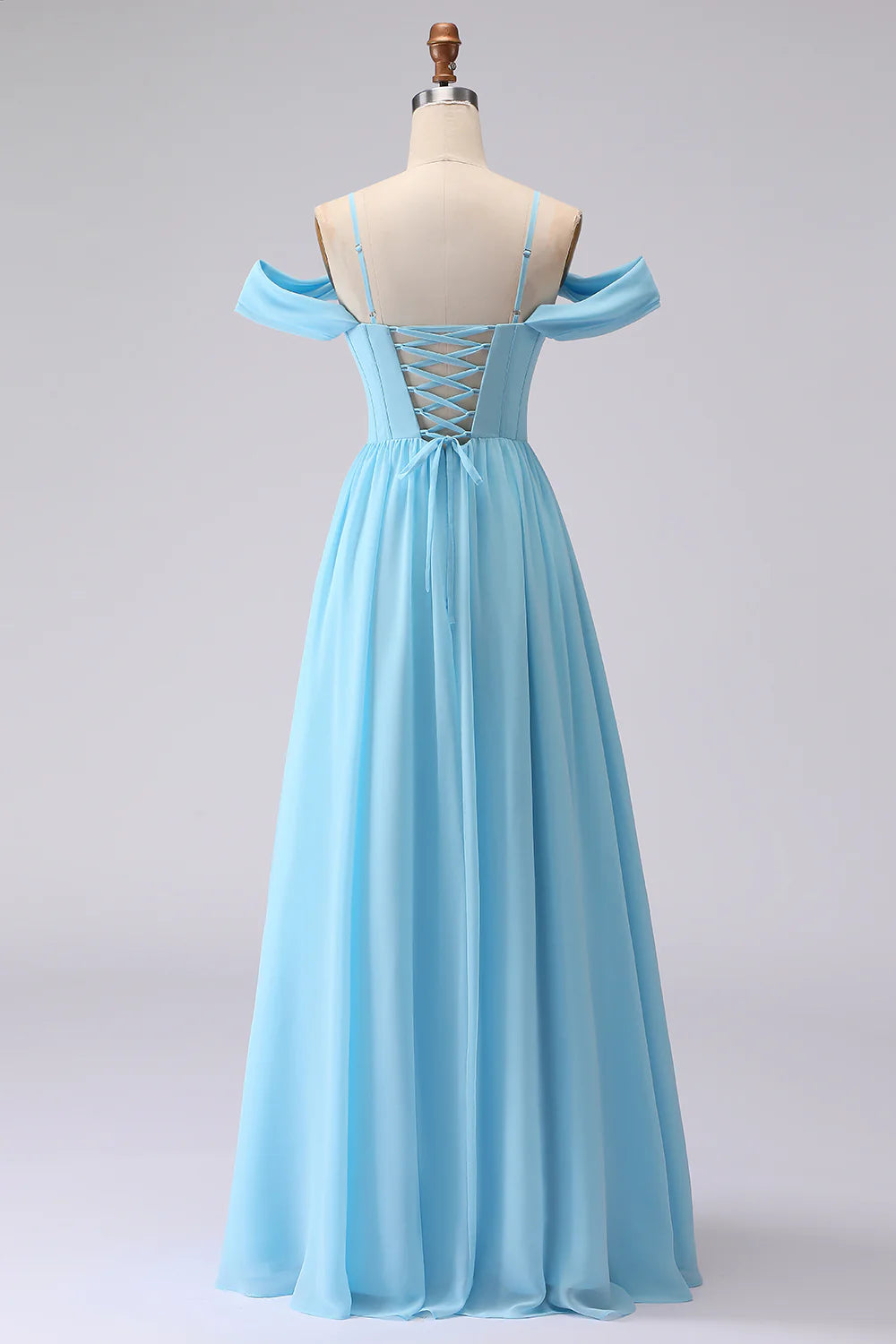 Cold Shoulder Sky Blue A Line Corset Long Bridesmaid Dress with Slit