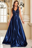 Sparkly Navy A Line V Neck Sequins Satin Formal Dress with Pockets