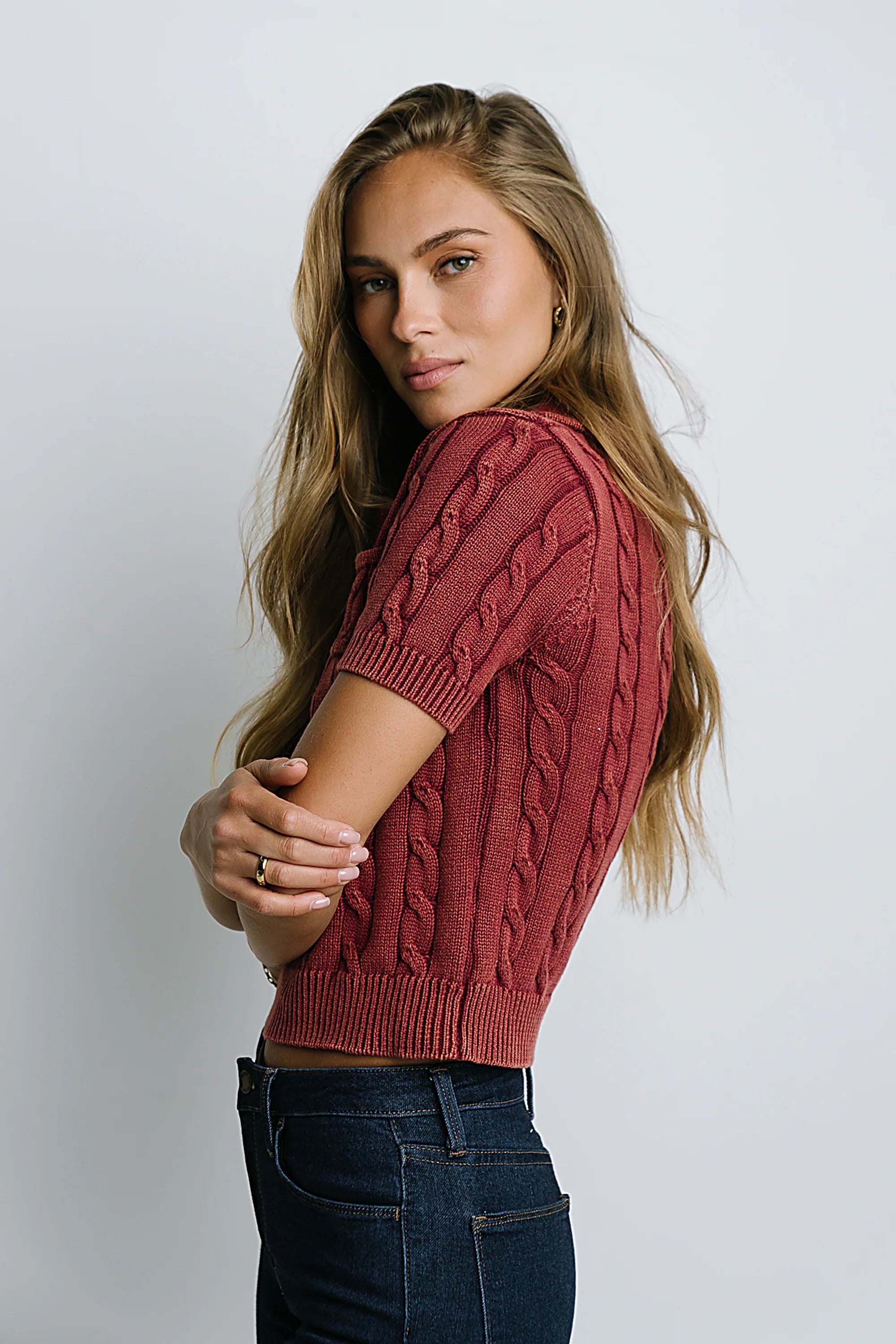 Halle Cable Knit Top in Red