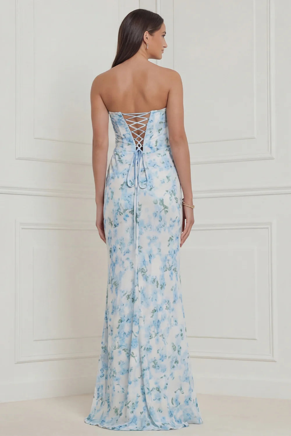 Strapless Corset Blue White Flower Bridesmaid Dress with Lace up Back