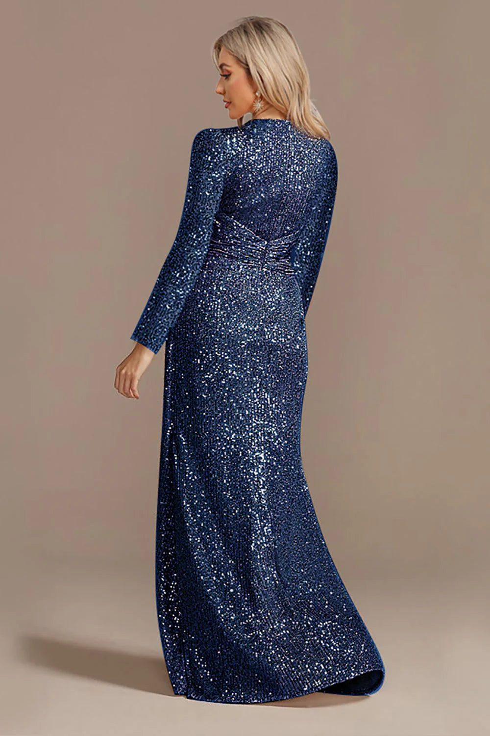 Sparkly Navy A Line V Neck Mother Of Bride Dress with Long Sleeves