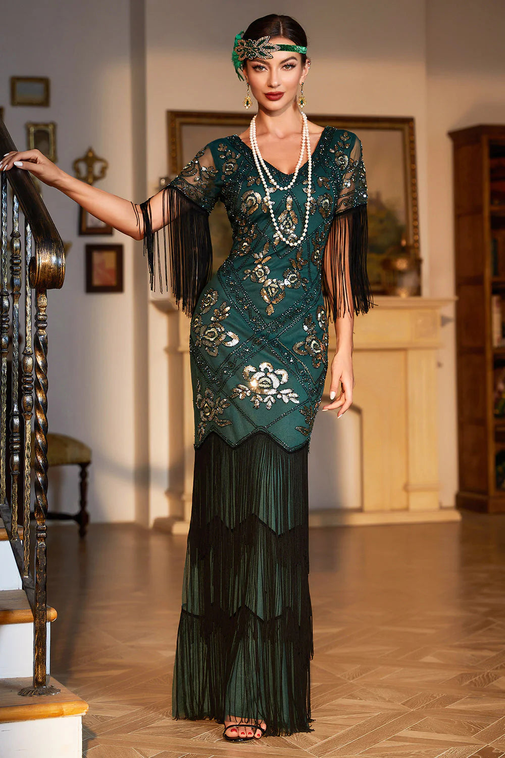 Sheath V Neck Black Sequins Long Party Dress with Fringes