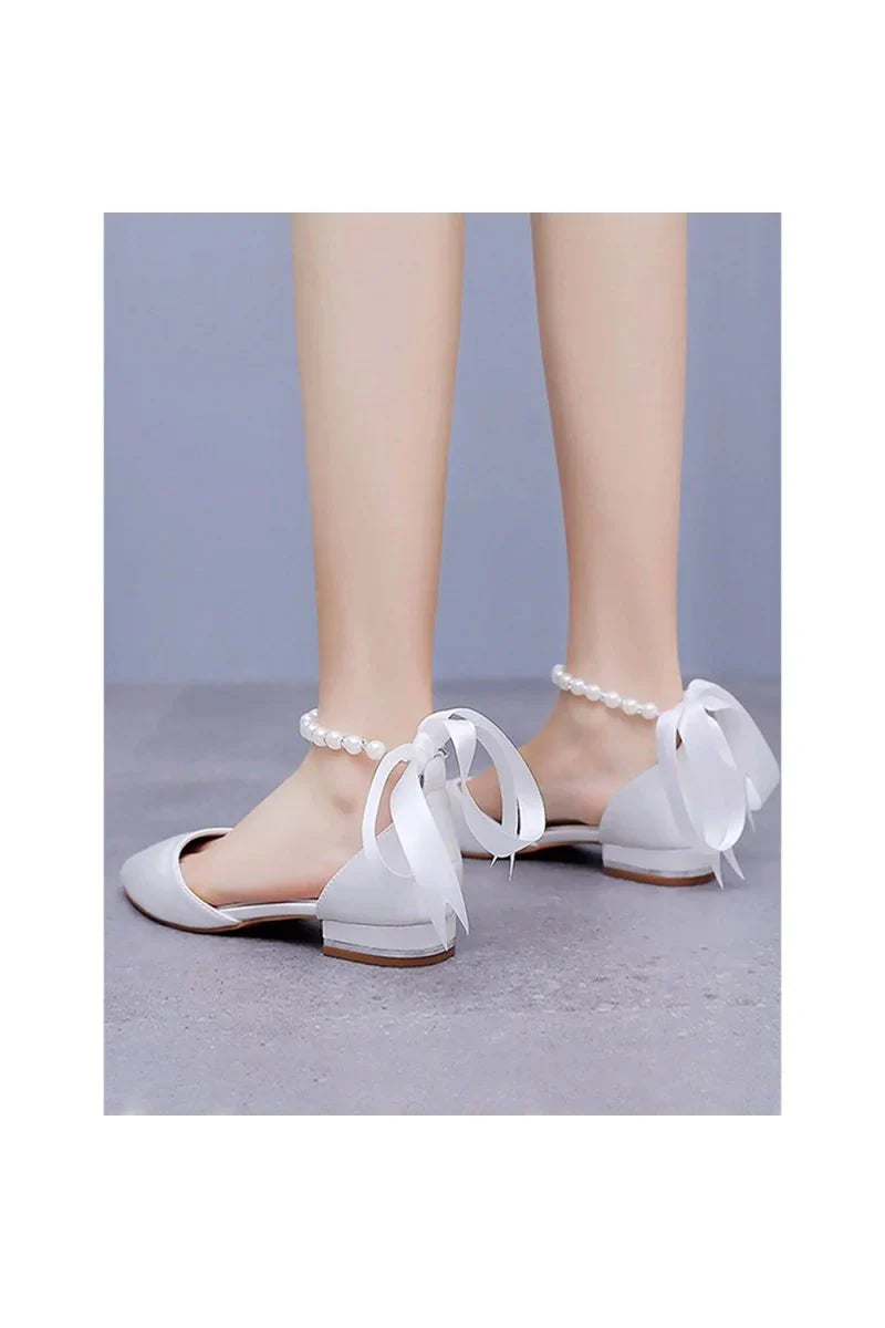 Satin Beaded Ribbon Low Heels Bridal Shoes