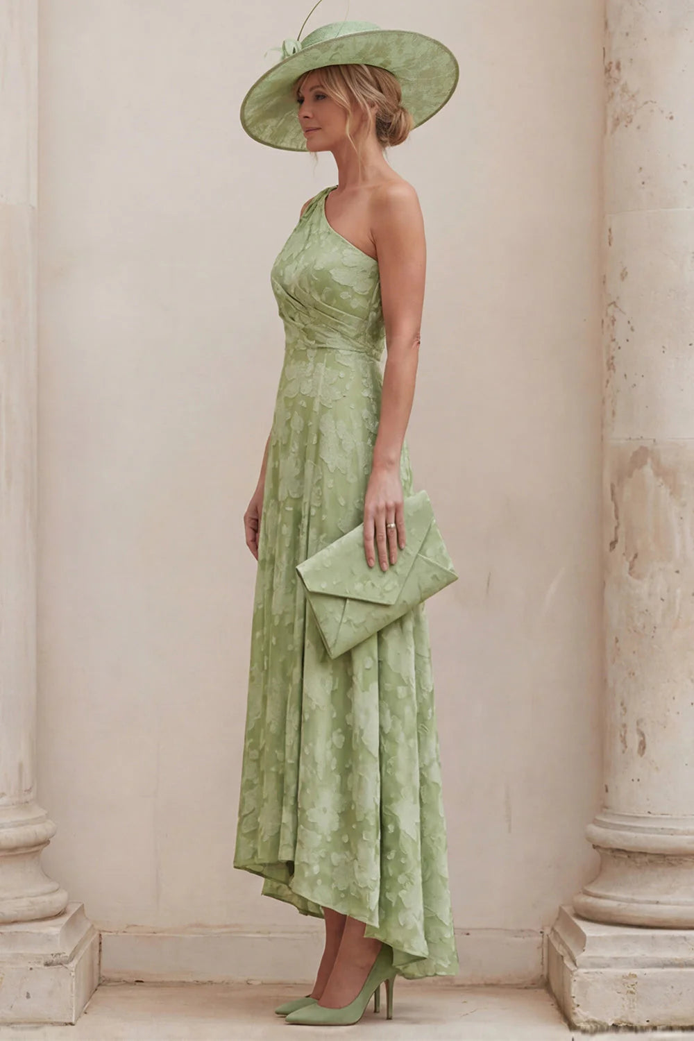 One Shoulder A Line Sage Green Floral Mother of the Bride Dress with Back Bow
