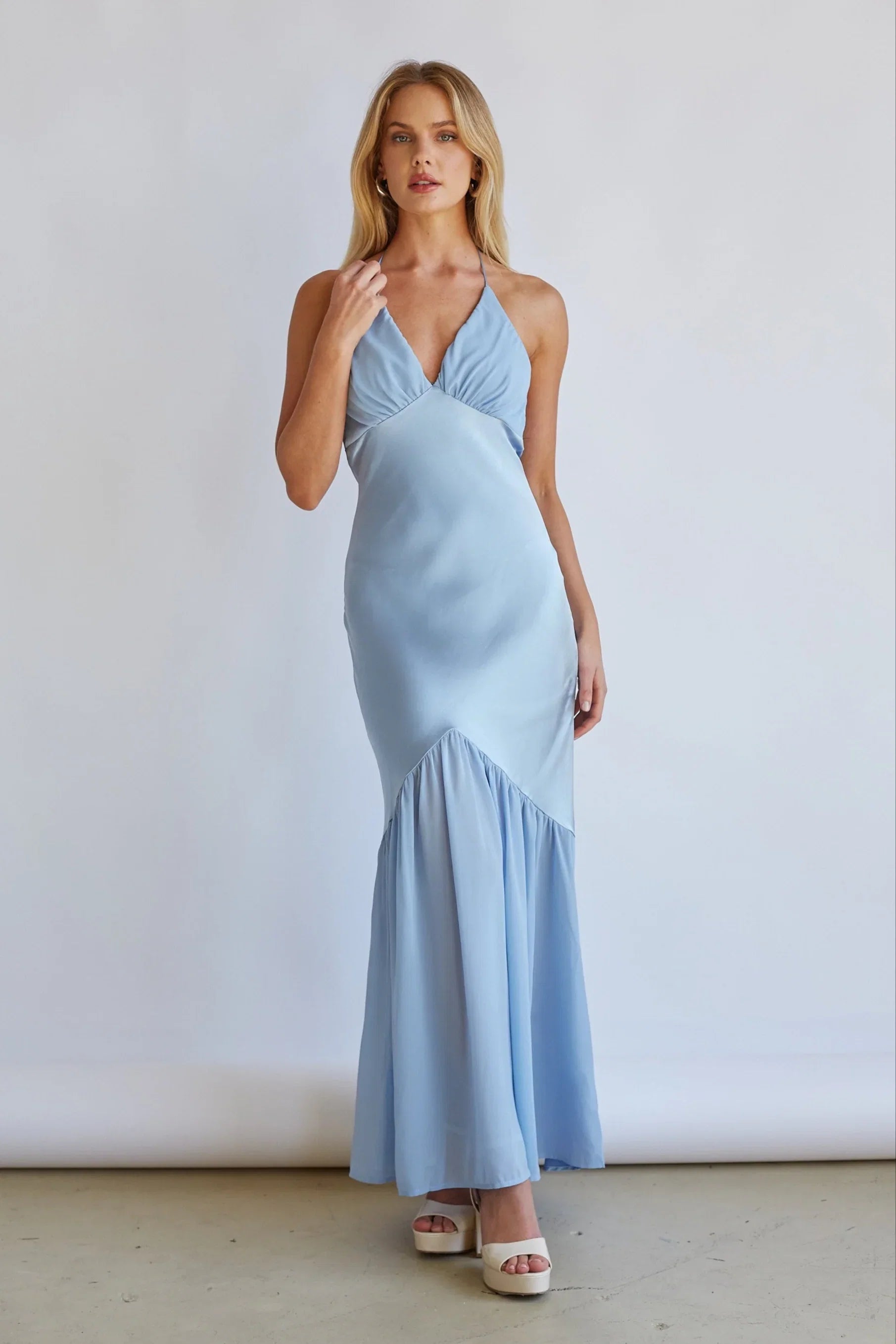 Lucinda Halter V Neck Open Back Satin Midi Dress