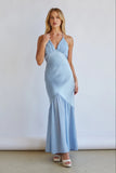 Lucinda Halter V Neck Open Back Satin Midi Dress