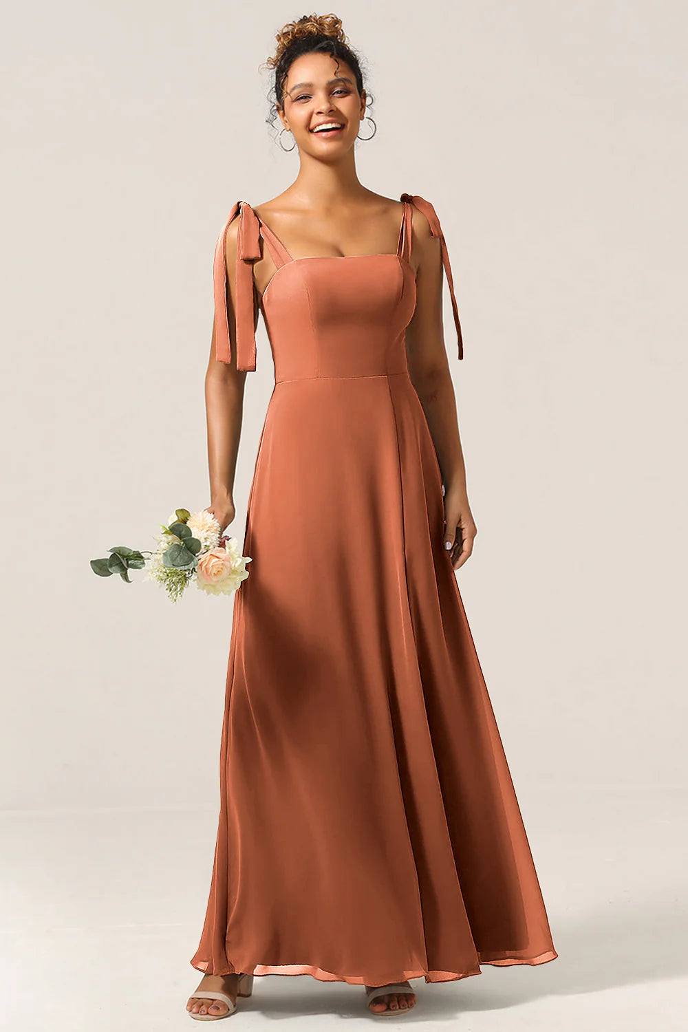 A Line Spaghetti Straps Floor Length Chiffon Bridesmaid Dress with Slit