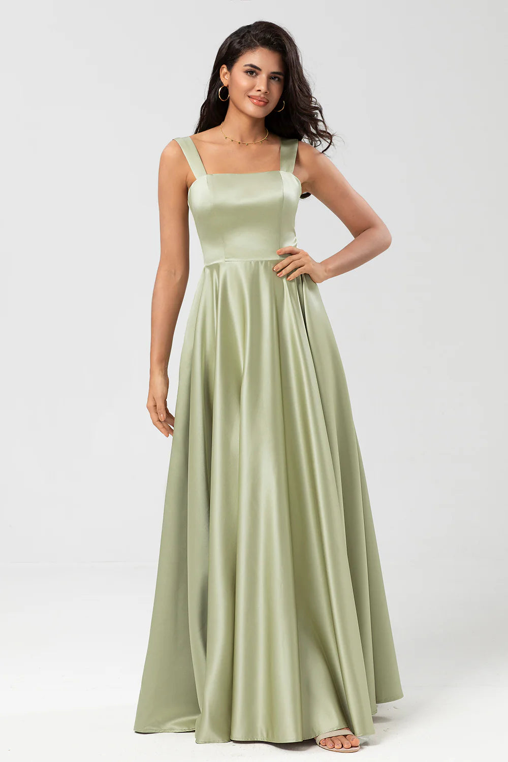 Dusty Sage A Line Square Neck Floor Length Satin Bridesmaid Dress with Pocket