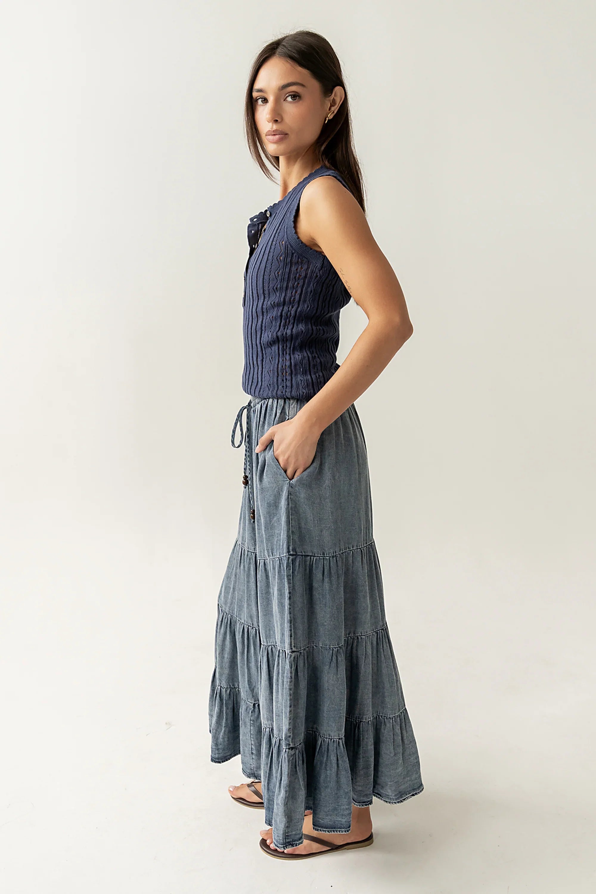 Lina Pointelle Knit Tank in Navy