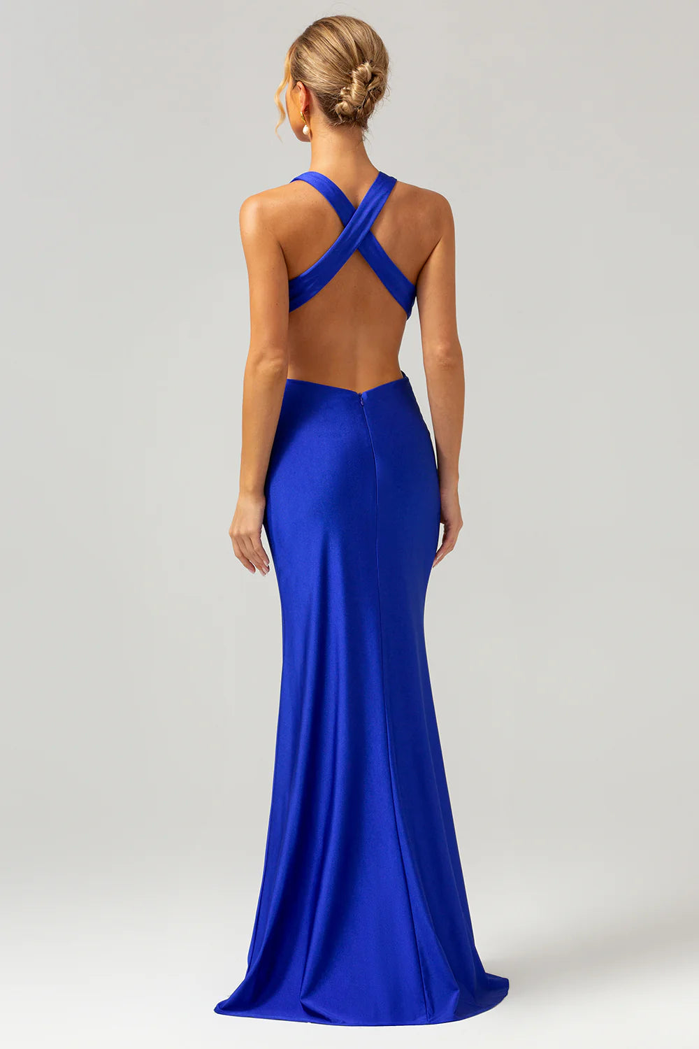 Royal Blue Mermaid Cut Out Ruched Backless Long Bridesmaid Dress