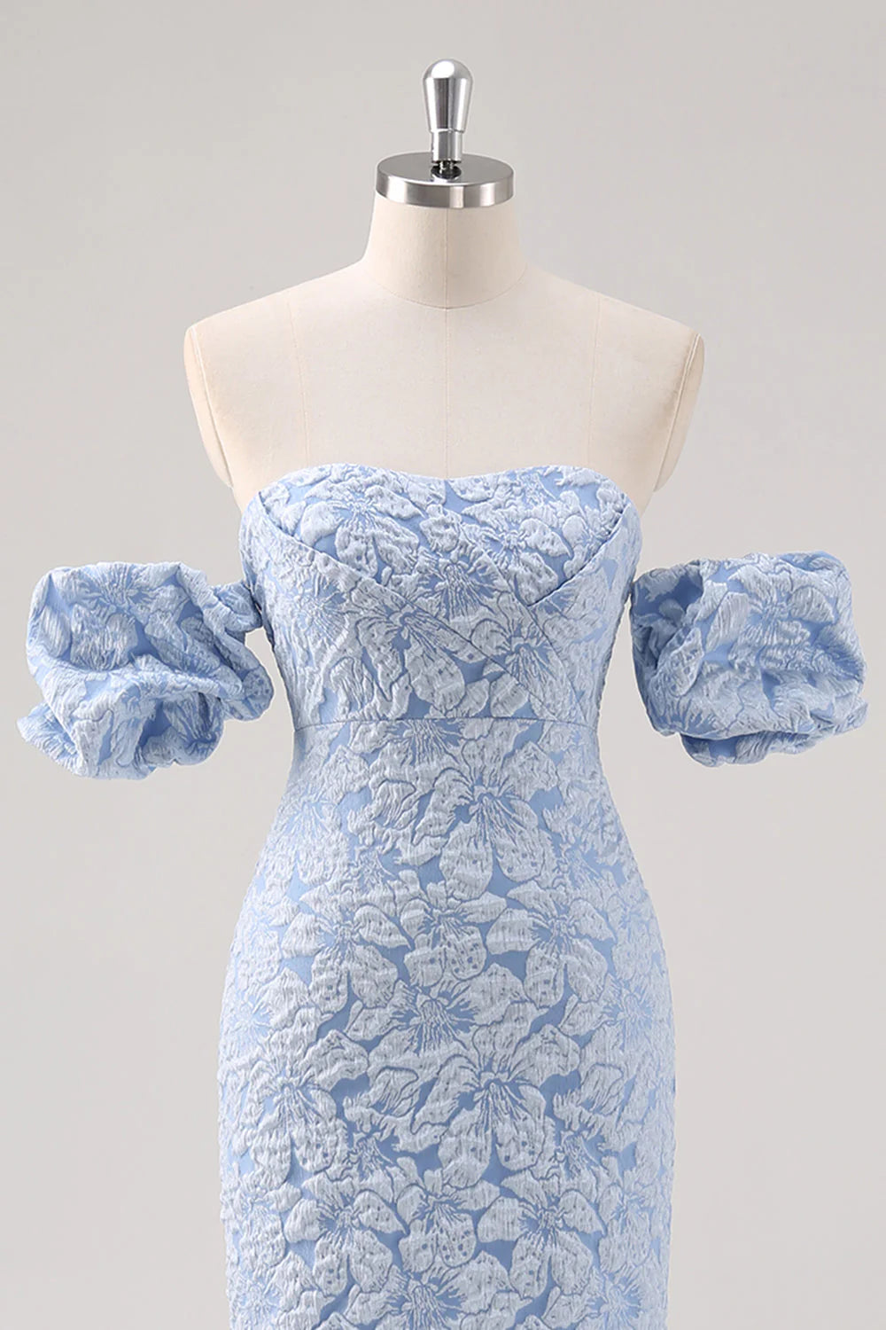 Simple Blue Floral Sheath Tea Length Brocade Formal Dress with Puff Sleeves