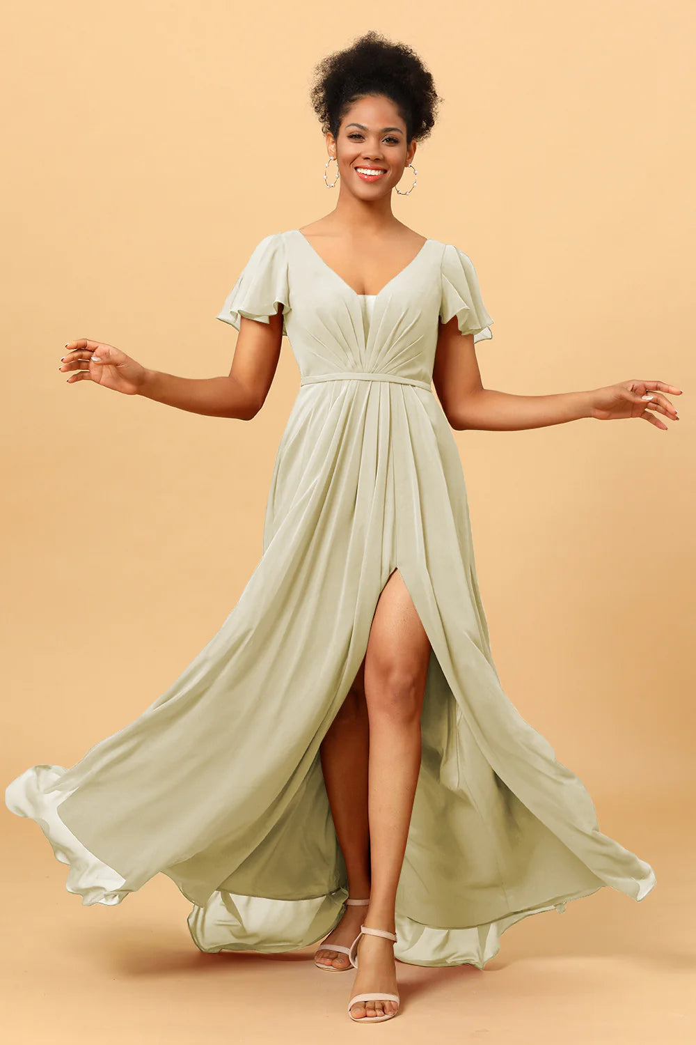 A Line V Neck Ruched Long Chiffon Bridesmaid Dress with Slit