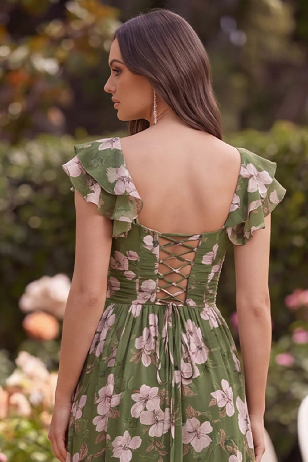 Green Flower A Line Square Neck Wedding Guest Dress with Slit