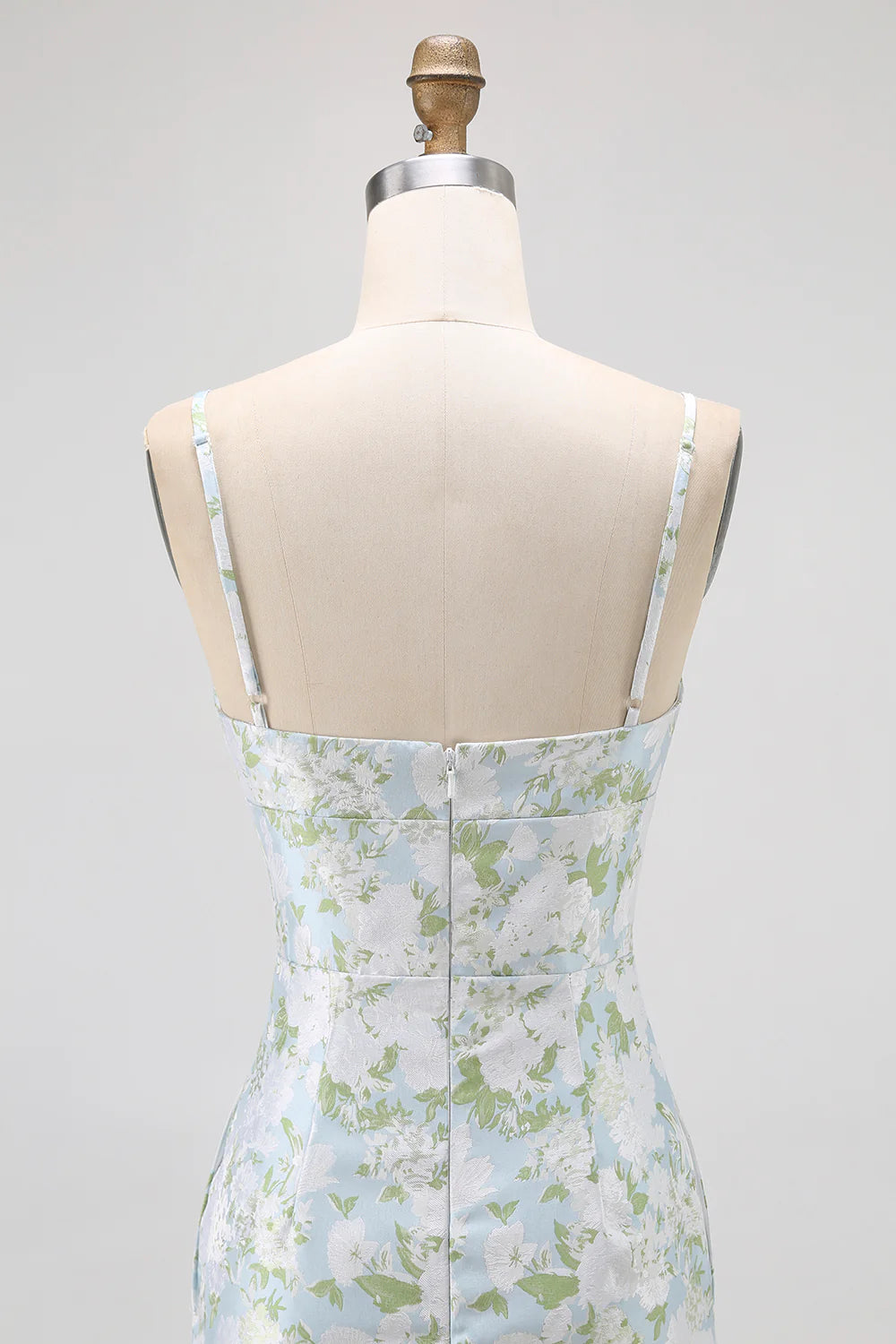Sheath Blue White Flower Spaghetti Straps Print Long Bridesmaid Dress with Back Slit
