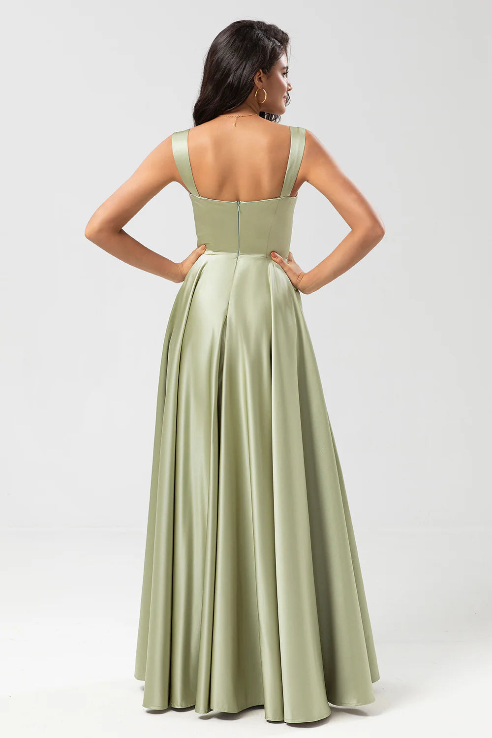 Dusty Sage A Line Square Neck Floor Length Satin Bridesmaid Dress with Pocket