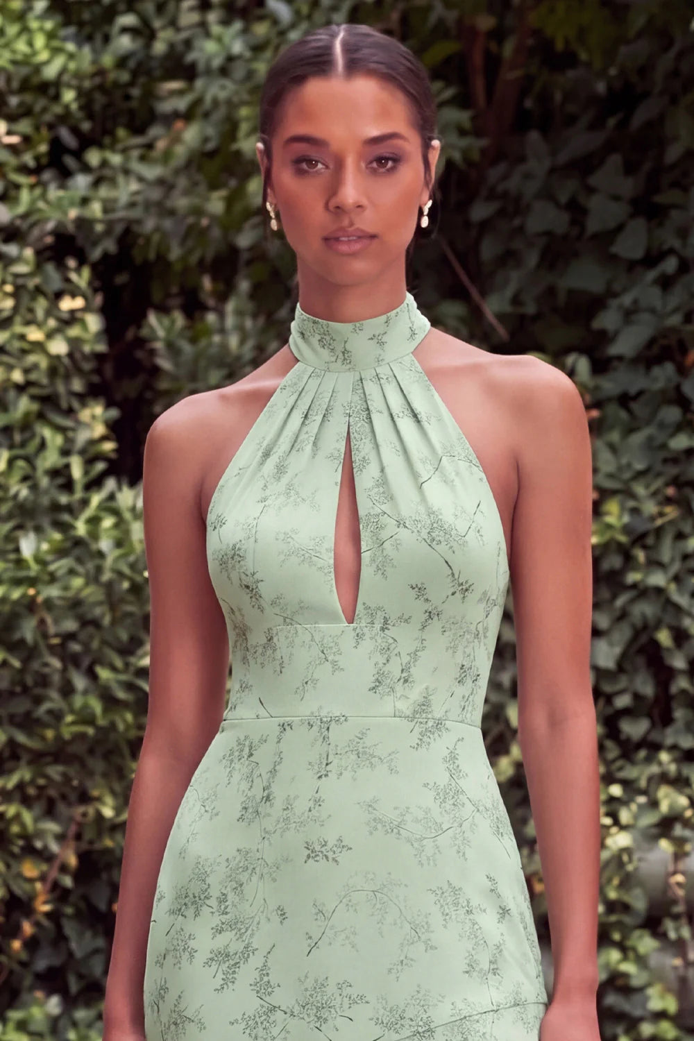 Sage Halter Keyhole Asymmetrical Floral Wedding Guest Dress