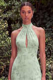 Sage Halter Keyhole Asymmetrical Floral Wedding Guest Dress