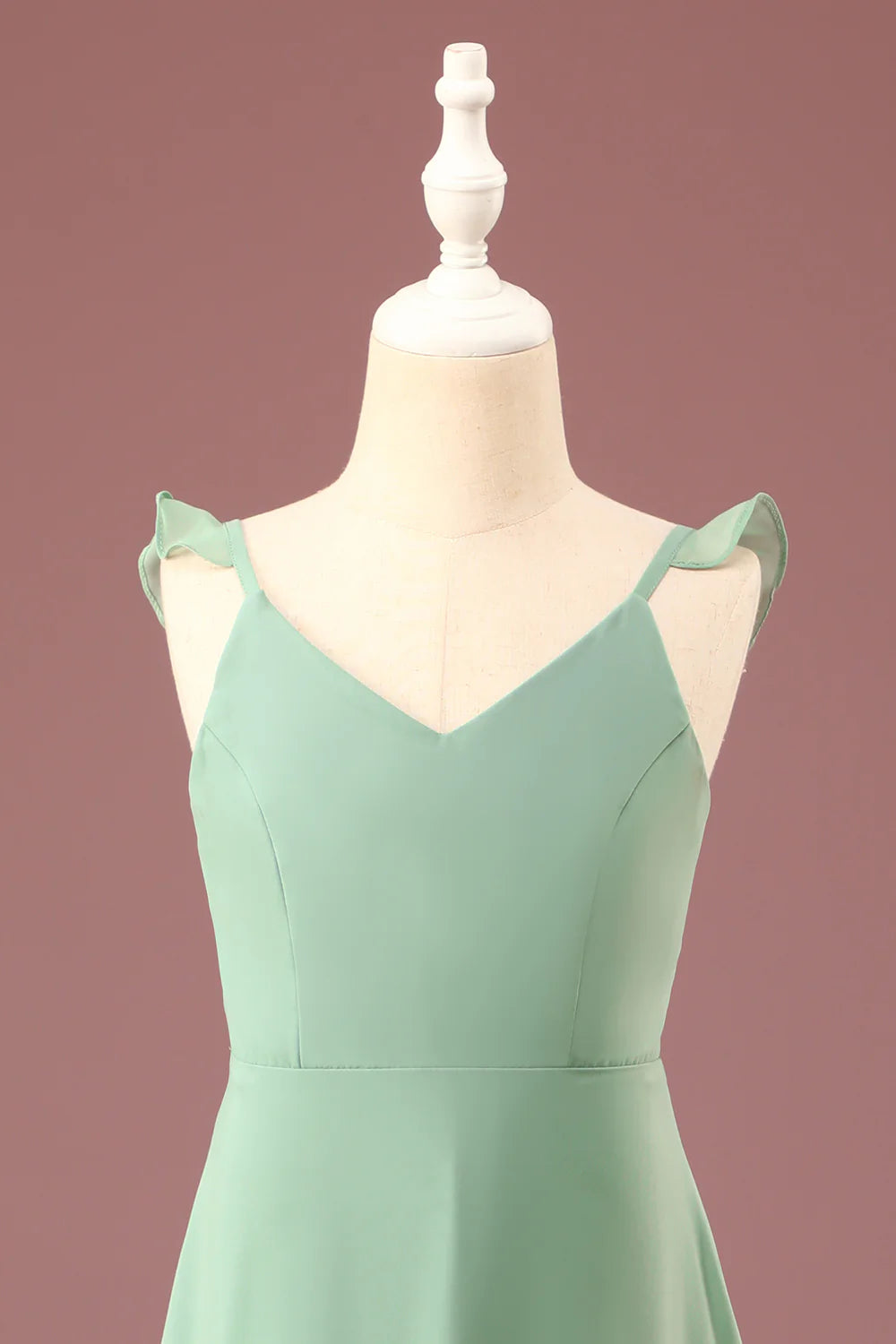 A line Long Chiffon Matcha V neck Spaghetti Straps Junior Bridesmaid Dress