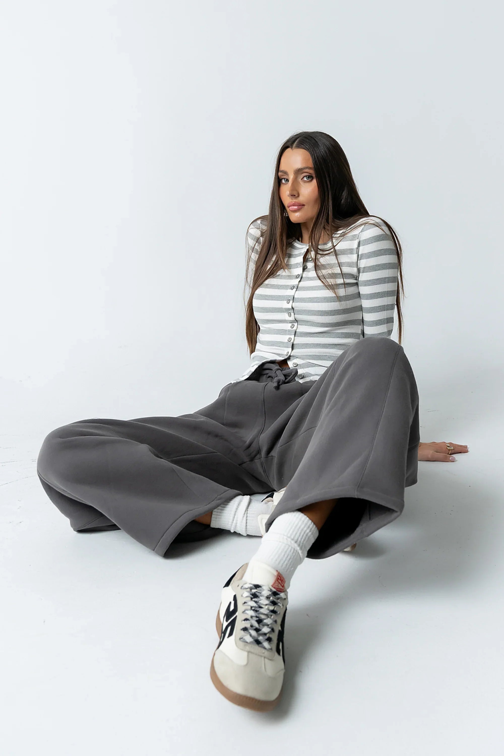 Mia Button Up Top in Striped Grey