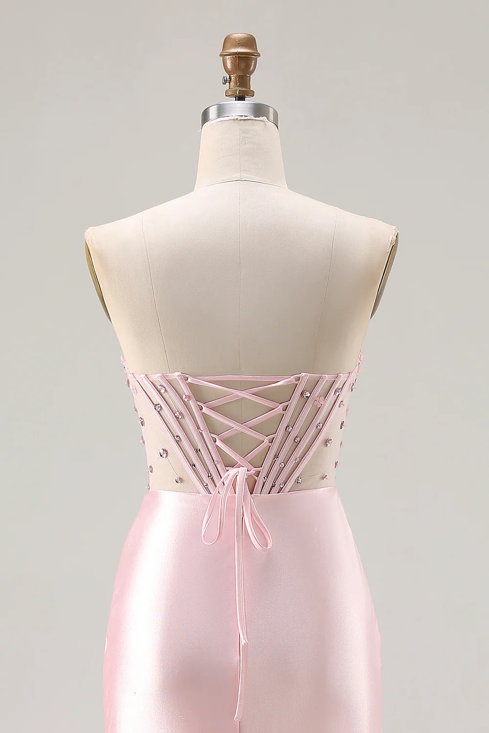 Sparkly Pink Mermaid Strapless Beaded Corset Long Prom Dress with Slit