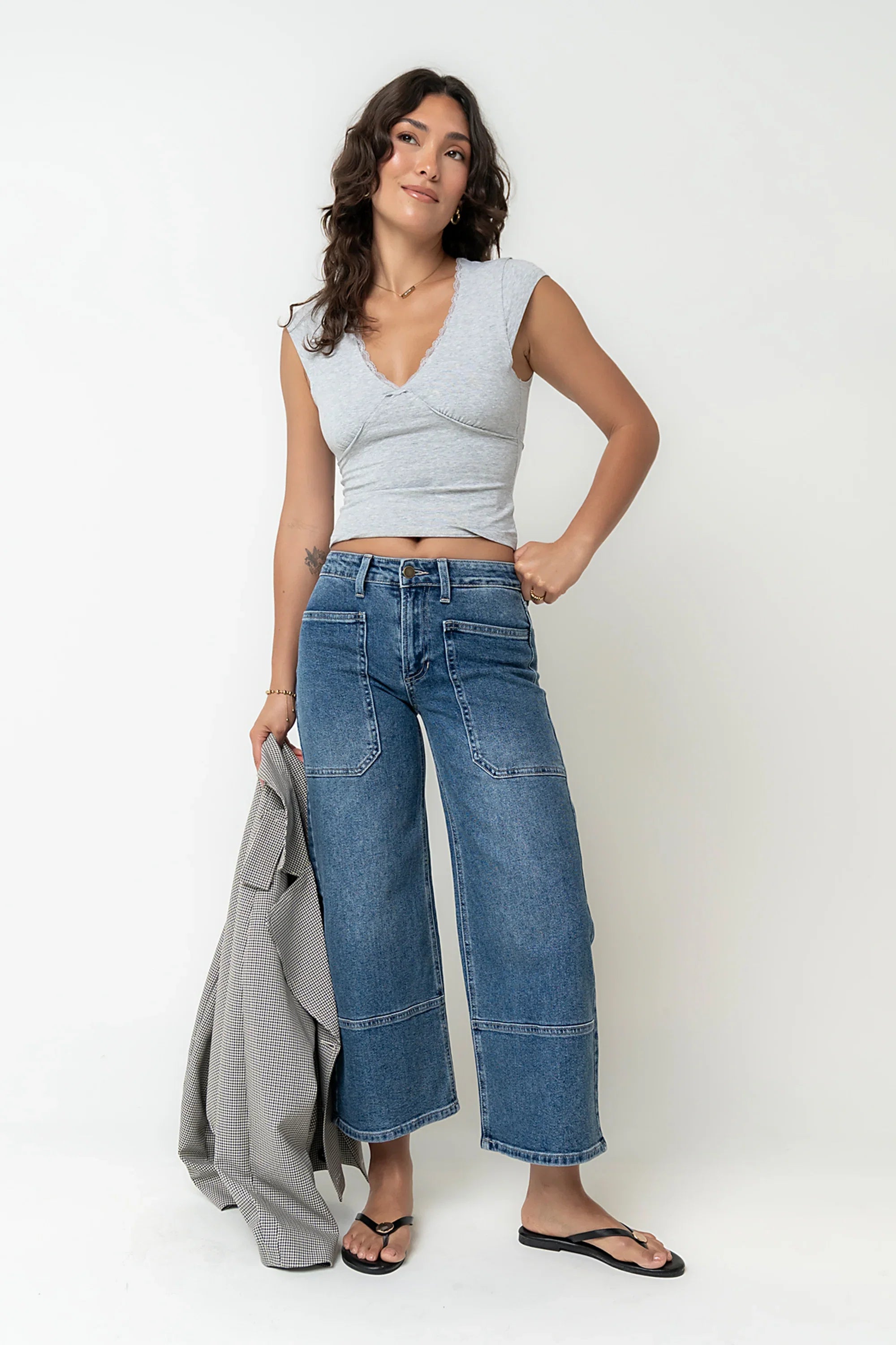 Kinzey Lace Trim Top in Heather Grey