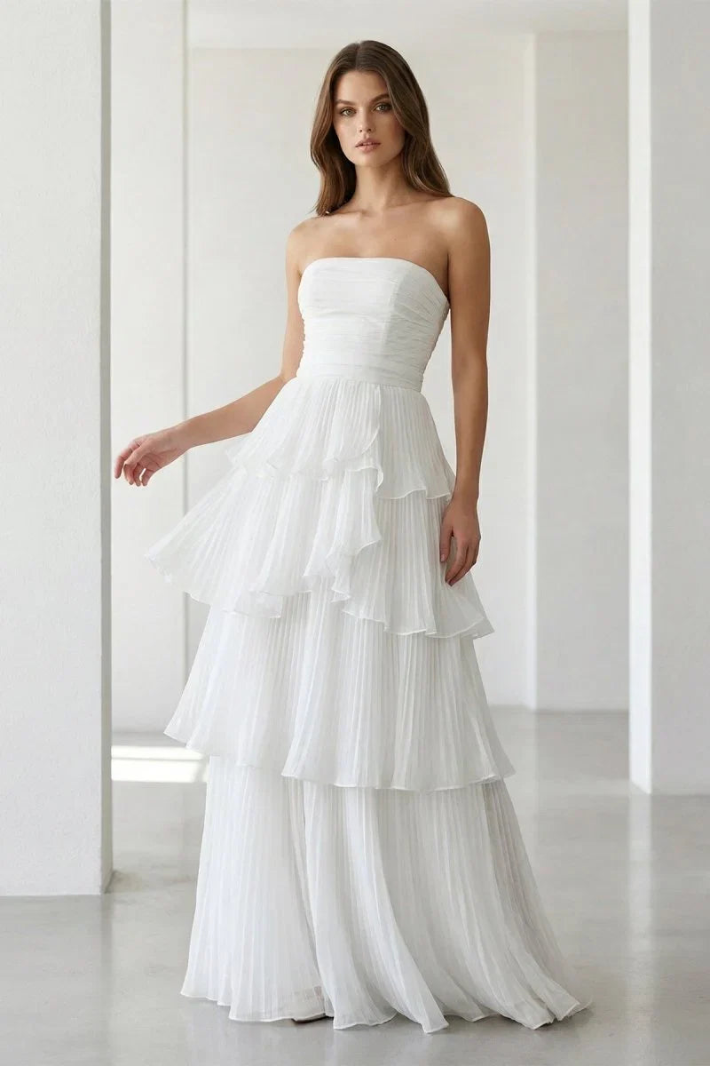 Cute A Line Chiffon Strapless Tiered Wedding Dresses
