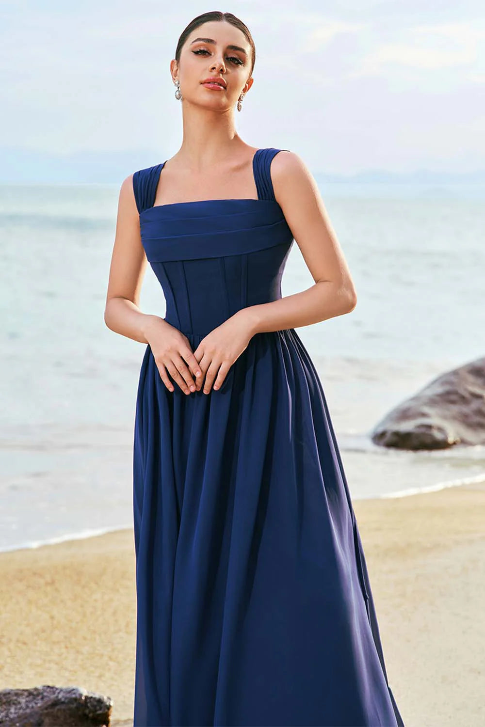 Dark Blue A Line Square Neck Corset Lace Up Back Chiffon Long Bridesmaid Dress