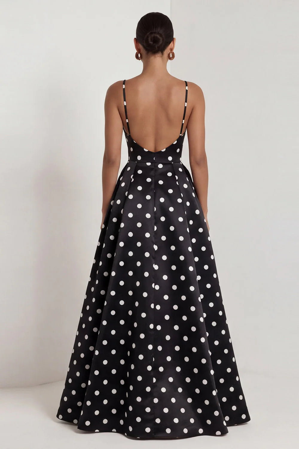 Black White Polka Dot Ruched A Line Long Formal Dress