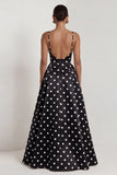 Black White Polka Dot Ruched A Line Long Formal Dress
