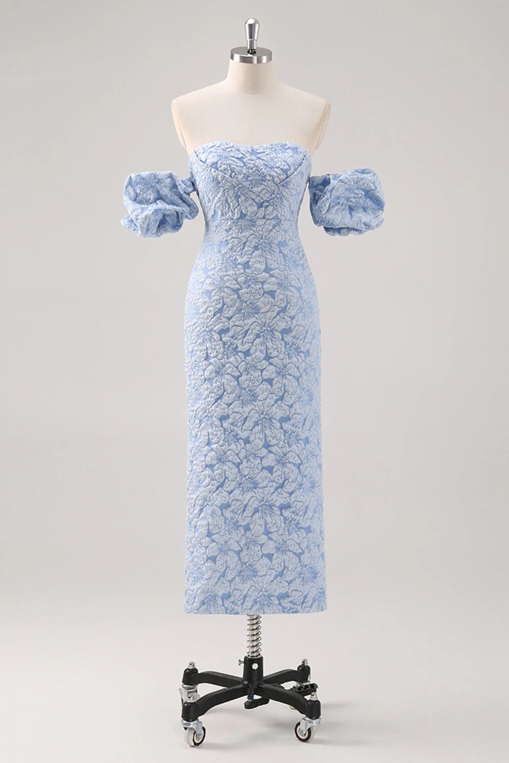 Simple Blue Floral Sheath Tea Length Brocade Formal Dress with Puff Sleeves