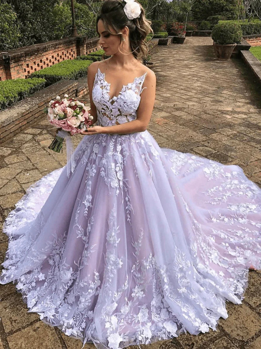 Light Purple Sleeveless A Line V Neck Lace Wedding Dresses
