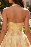 Yellow Halter Corset A Line Embroidered Short Homecoming Dress