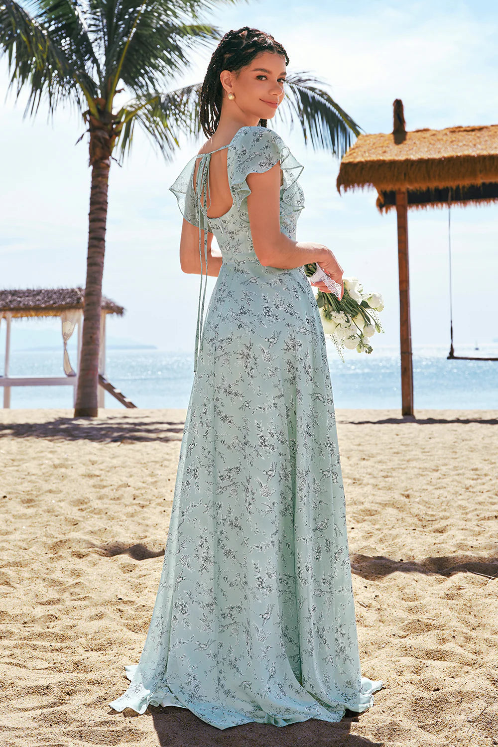 Dusty Sage A Line Square Neck Floor Length Print Bridesmaid Dress with Slit