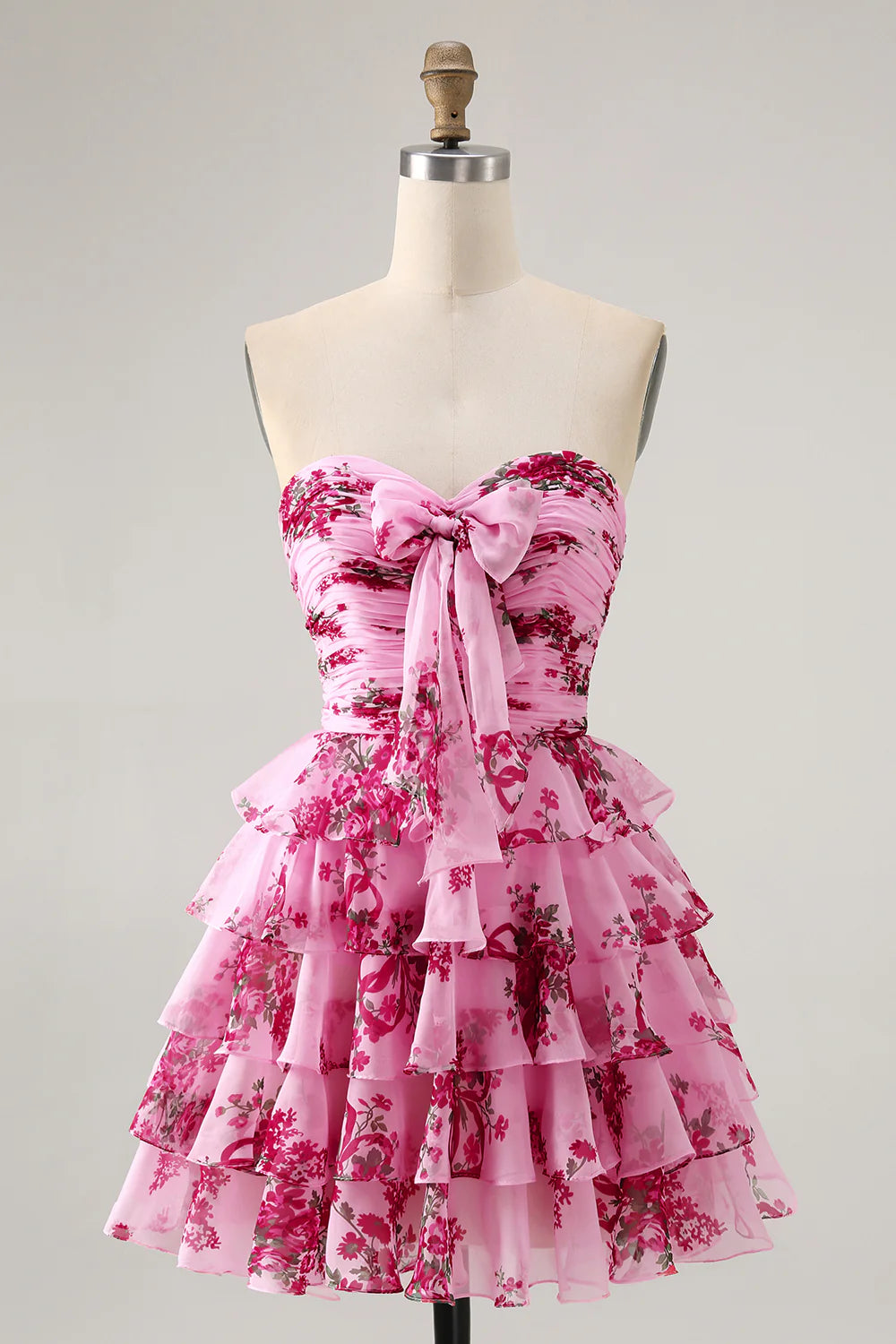 Strapless Pink Flower A line Tiered Short Homecoming Dress with Bow