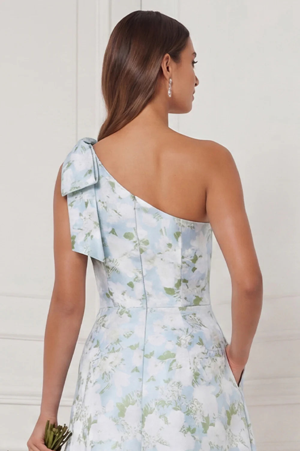 One Shoulder A Line Blue White Flower Bridesmaid Dress with Slit