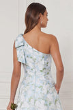 One Shoulder A Line Blue White Flower Bridesmaid Dress with Slit