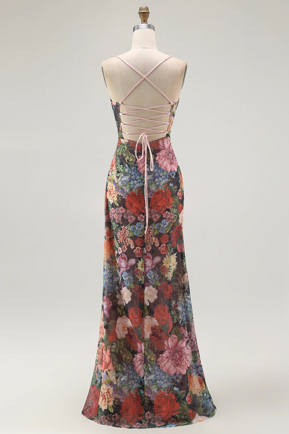 Black Flower Sheath Spaghetti Straps Print Maxi Dress with Lace Up Back