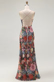 Black Flower Sheath Spaghetti Straps Print Maxi Dress with Lace Up Back