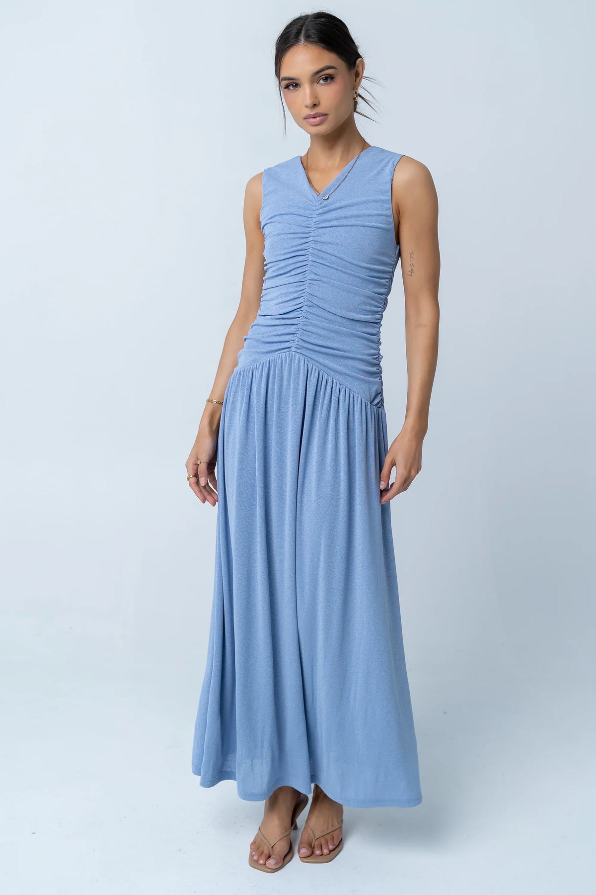 Kandi Ruched Maxi Dress in Blue
