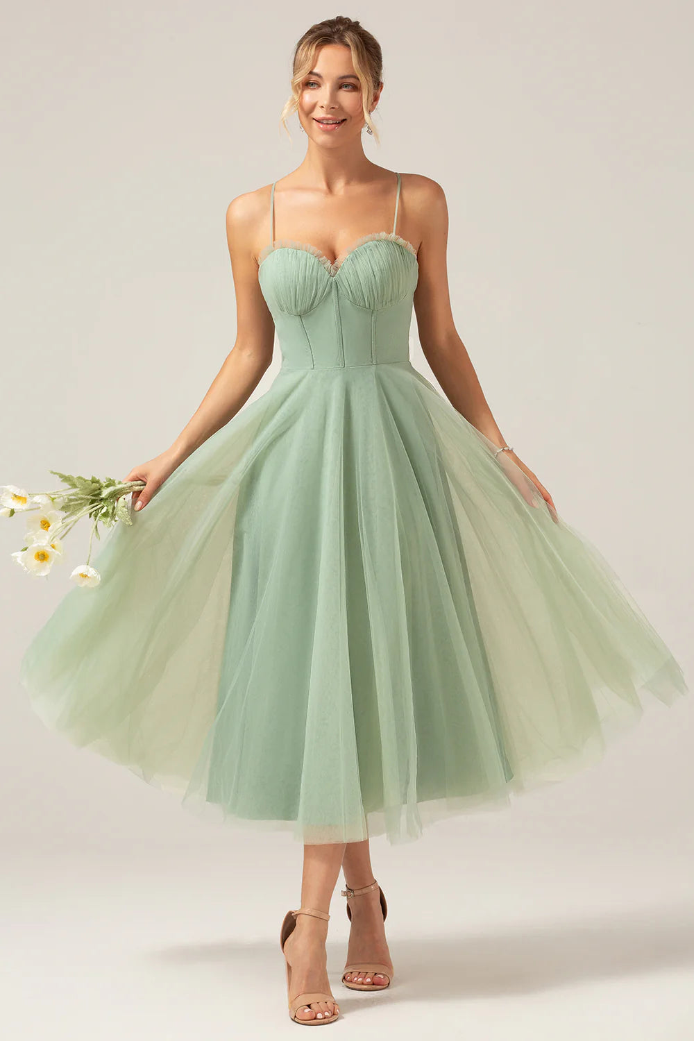 A Line Spaghetti Straps Tea Length Corset Tulle Matcha Bridesmaid Dress