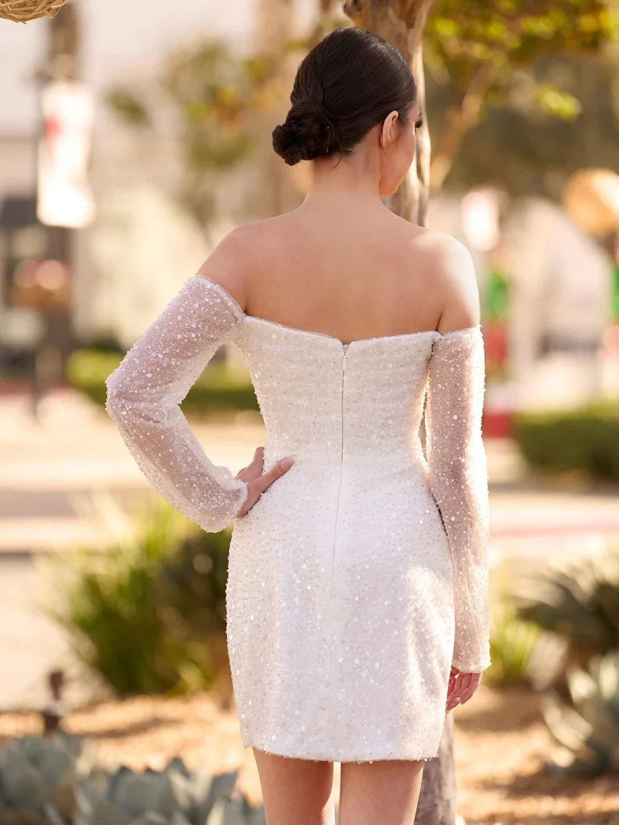 Chic Short Sequined Backless Wedding Dress With Long Detachable Sleeves