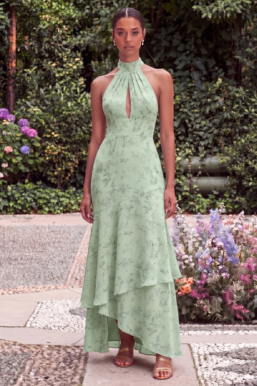 Sage Halter Keyhole Asymmetrical Floral Wedding Guest Dress